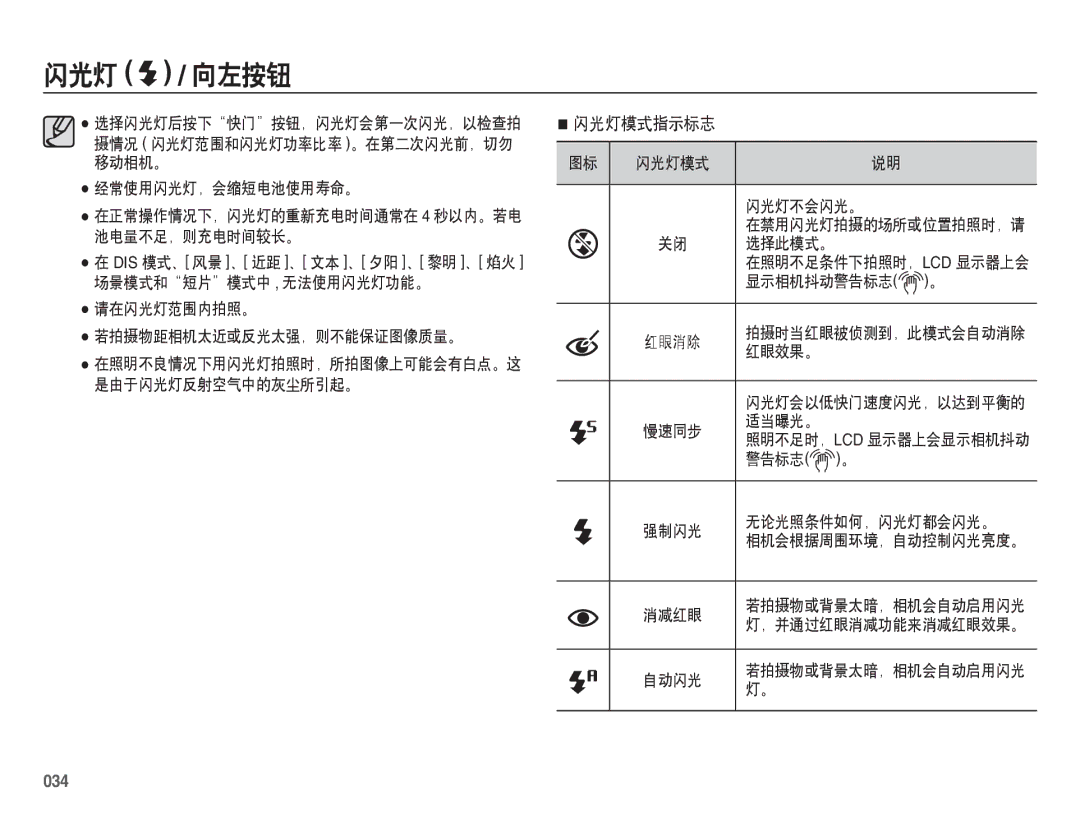 Samsung EC-ES70ZZBPBE3, EC-ES70ZZBPSIT, EC-ES70ZZBPPIT, EC-ES70ZZBPBIT, EC-ES70ZZBPSE3, EC-ES70ZZBPUE3 manual 闪光灯模式指示标志, 034 