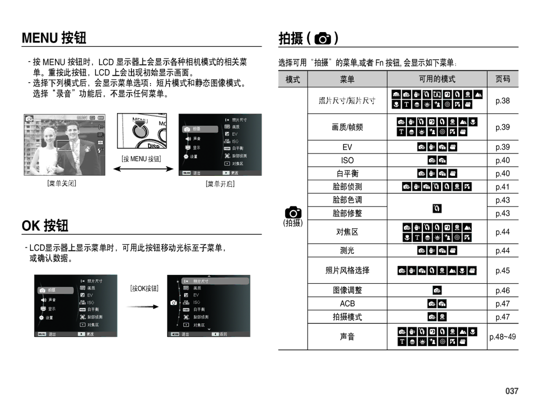 Samsung EC-ES70ZZBPRE3, EC-ES70ZZBPSIT 选择可用 拍摄 的菜单 ,或者 Fn 按钮 , 会显示如下菜单： 。重按此按钮， LCD 上会出现初始显示画面。, 选择 录音 功能后，不显示任何菜单。, 037 