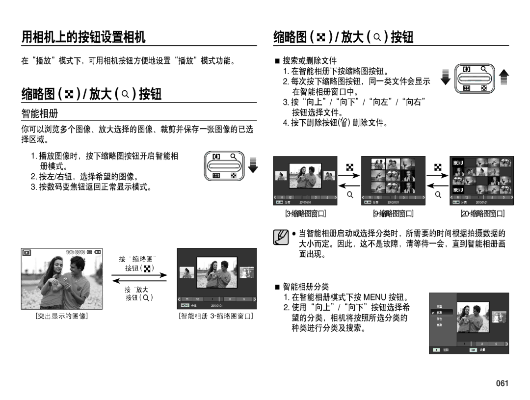 Samsung EC-ES71ZZBPBE3 manual 在播放模式下，可用相机按钮方便地设置播放模式功能。, 搜索或删除文件 在智能相册下按缩略图按钮。, 智能相册分类 在智能相册模式下按 Menu 按钮。, 061 