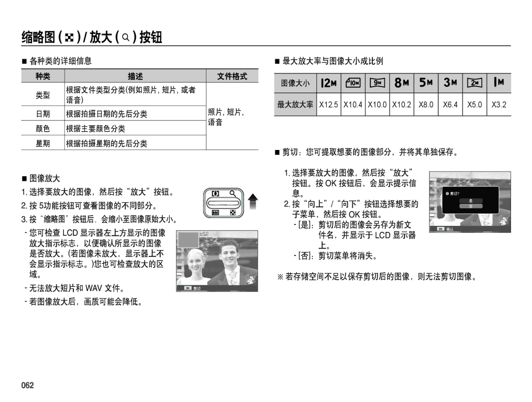 Samsung EC-ES71ZZBDBE3 各种类的详细信息, 最大放大率与图像大小成比例, ：剪切菜单将消失。, 无法放大短片和 Wav 文件。 若图像放大后，画质可能会降低。 若存储空间不足以保存剪切后的图像，则无法剪切图像。, 062 