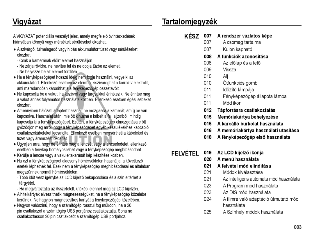 Samsung EC-ES70ZZBPSE3, EC-ES70ZZBPSIT manual Vigyázat, Tartalomjegyzék, Rendszer vázlatos képe, Funkciók azonosítása, 018 