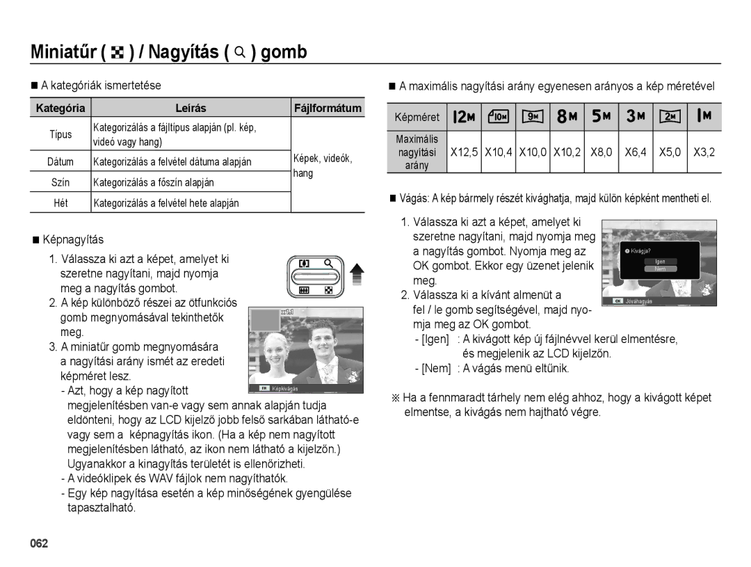 Samsung EC-ES71ZZBDBE3, EC-ES70ZZBPSIT, EC-ES70ZZBPPIT manual Kategóriák ismertetése, Képnagyítás, Nem a vágás menü eltűnik 