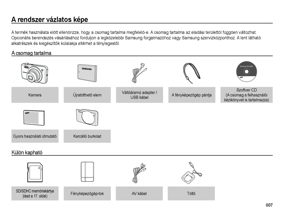 Samsung EC-ES70ZZBPPE2, EC-ES70ZZBPSIT, EC-ES70ZZBPPIT manual Rendszer vázlatos képe, Csomag tartalma, Külön kapható 