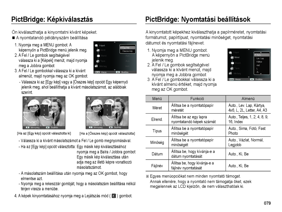 Samsung EC-ES70ZZBPSIT manual PictBridge Képkiválasztás, PictBridge Nyomtatási beállítások, Nyomja meg a Menu gombot. a 