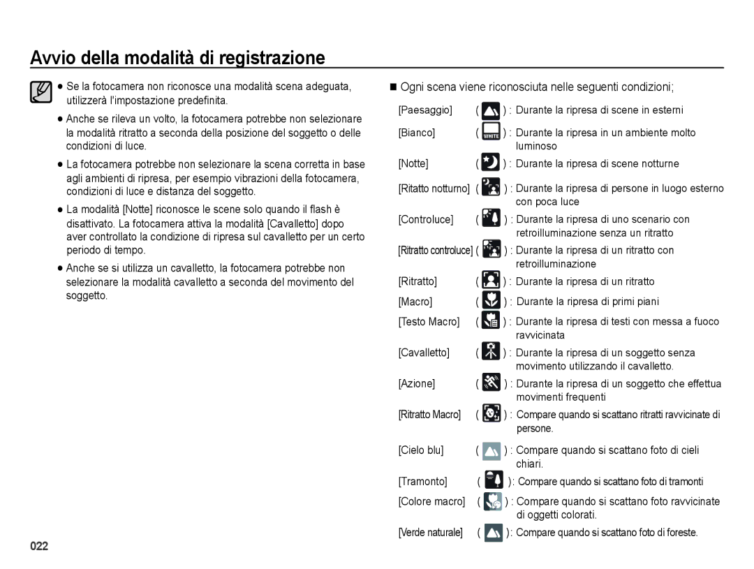 Samsung EC-ES70ZZBPUIT, EC-ES70ZZBPSIT, EC-ES70ZZBPPIT manual Ogni scena viene riconosciuta nelle seguenti condizioni 