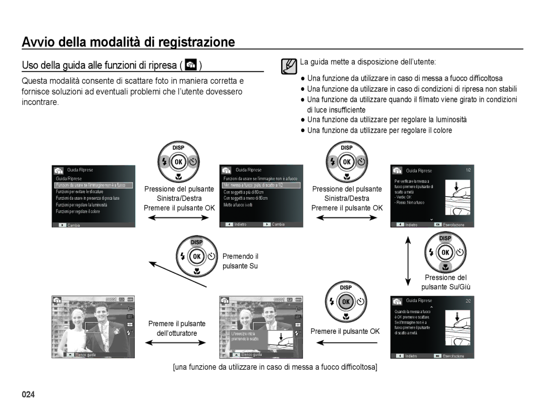 Samsung EC-ES70ZZBPSIT manual Uso della guida alle funzioni di ripresa, Sinistra/Destra, Pressione del Pulsante Su/Giù 