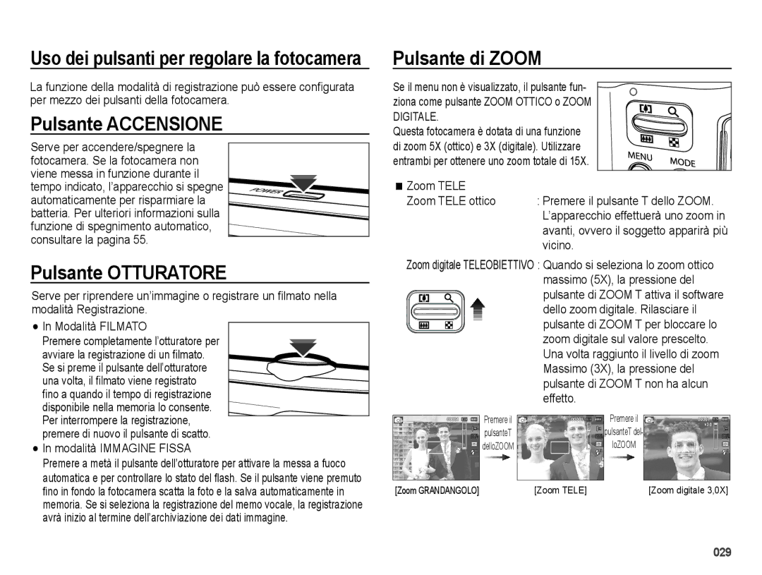 Samsung EC-ES70ZZBPSIT, EC-ES70ZZBPPIT, EC-ES70ZZBPBIT manual Pulsante Accensione, Pulsante Otturatore, Pulsante di Zoom 