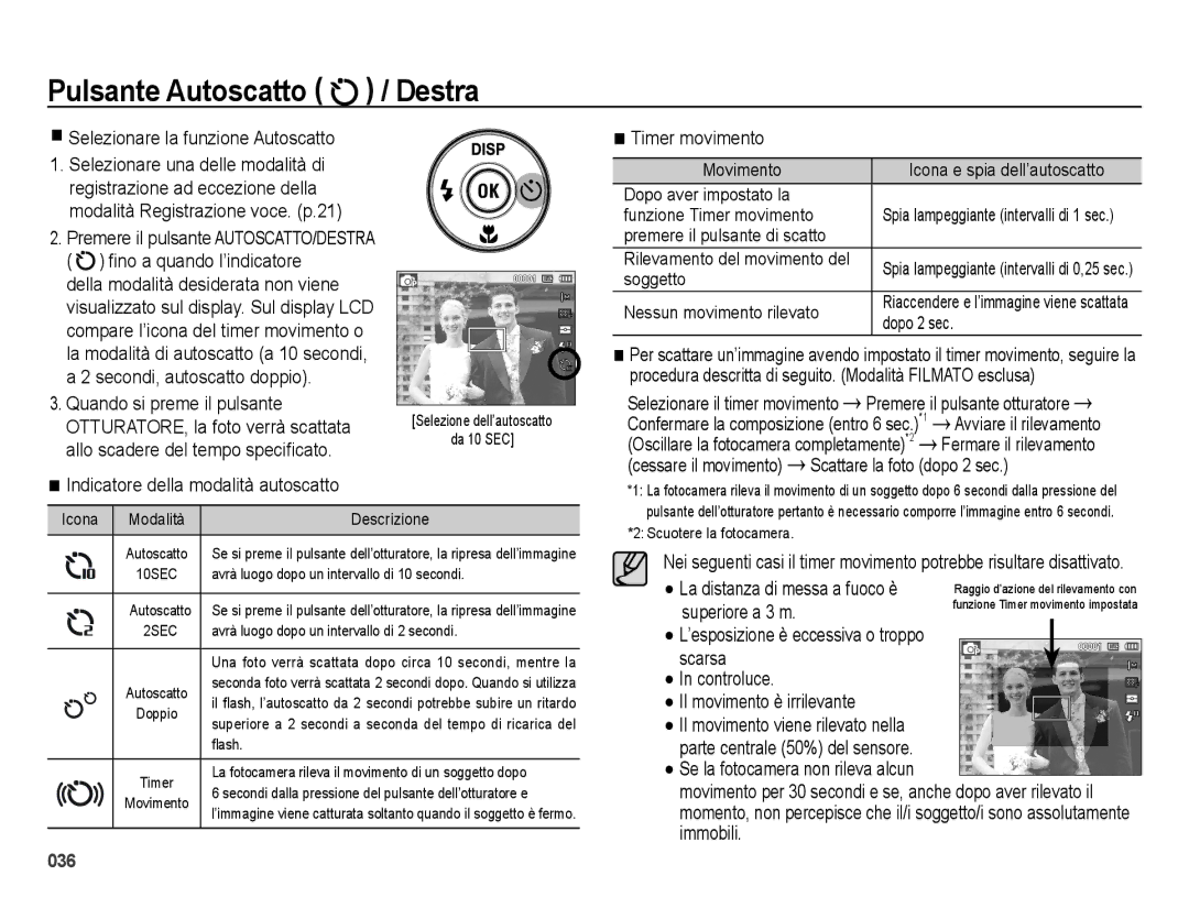 Samsung EC-ES70ZZBPBIT manual Selezionare la funzione Autoscatto, Indicatore della modalità autoscatto, Timer movimento 