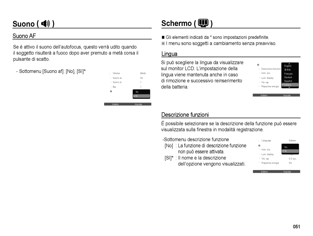 Samsung EC-ES70ZZBPBIT, EC-ES70ZZBPSIT Schermo, Suono AF, Lingua, Descrizione funzioni, Sottomenu descrizione funzione 