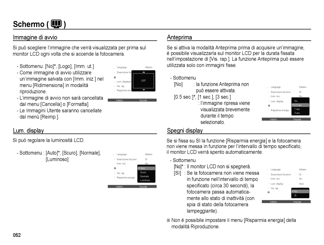 Samsung EC-ES70ZZBPUIT, EC-ES70ZZBPSIT, EC-ES70ZZBPPIT manual Immagine di avvio, Anteprima, Lum. display Spegni display 