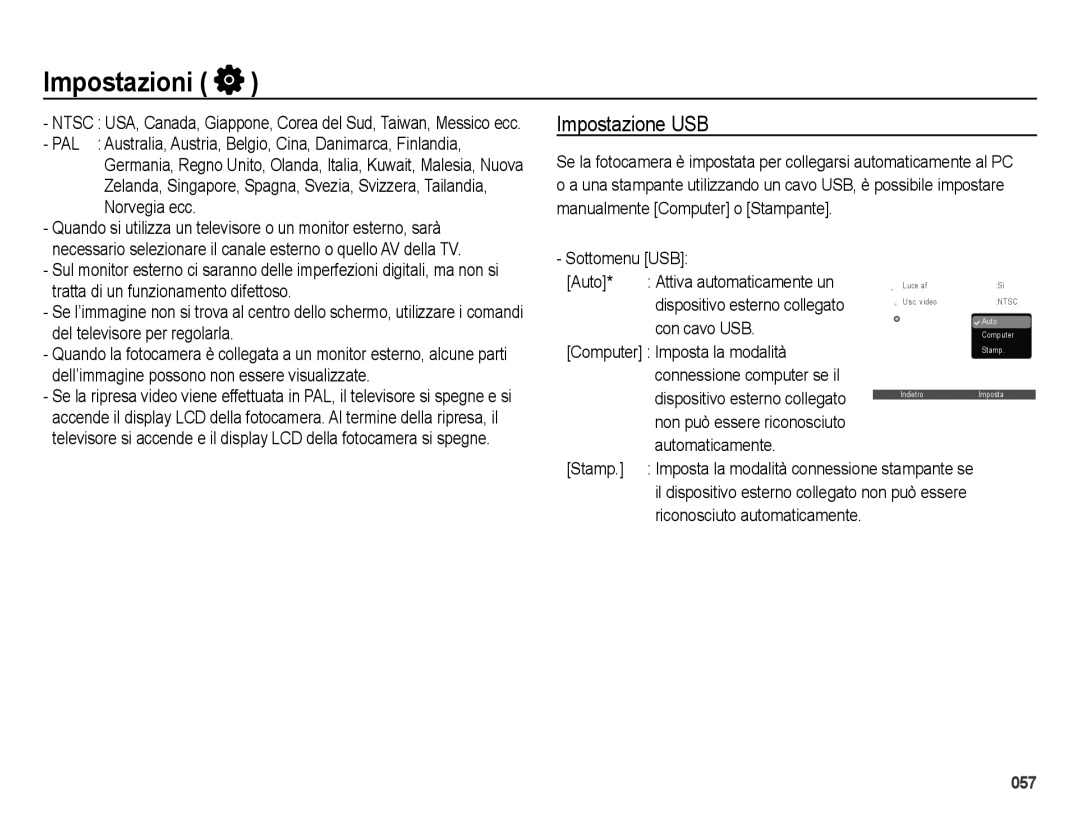 Samsung EC-ES70ZZBPUIT, EC-ES70ZZBPSIT Impostazione USB, Sottomenu USB Auto, Con cavo USB, Computer Imposta la modalità 