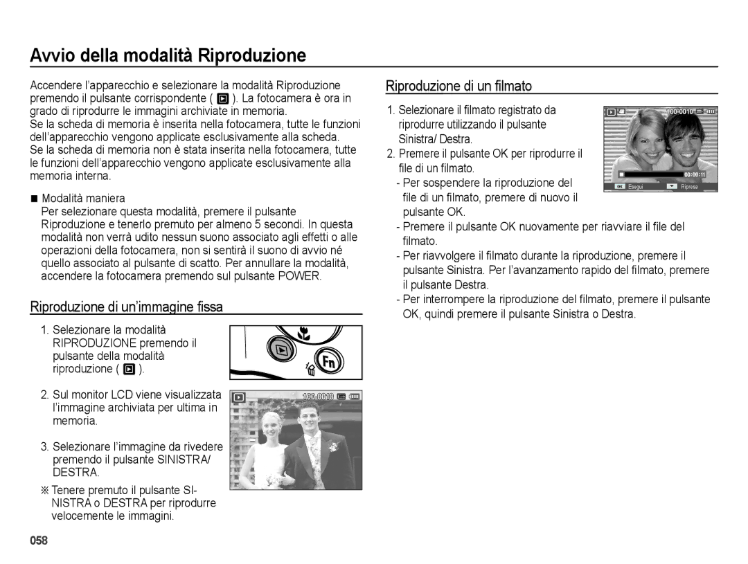 Samsung EC-ES70ZZBPRIT Avvio della modalità Riproduzione, Riproduzione di un’immagine ﬁssa, Riproduzione di un ﬁlmato 