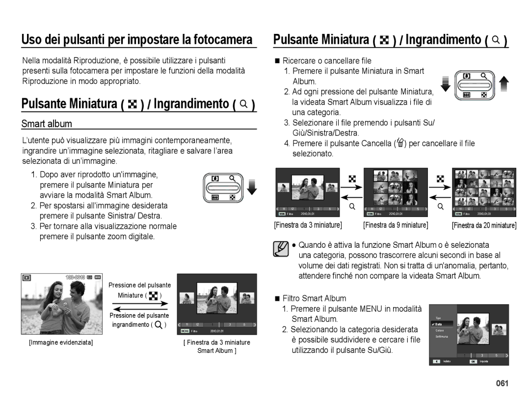 Samsung EC-ES70ZZBPBIT, EC-ES70ZZBPSIT, EC-ES70ZZBPPIT manual Uso dei pulsanti per impostare la fotocamera, Smart album 