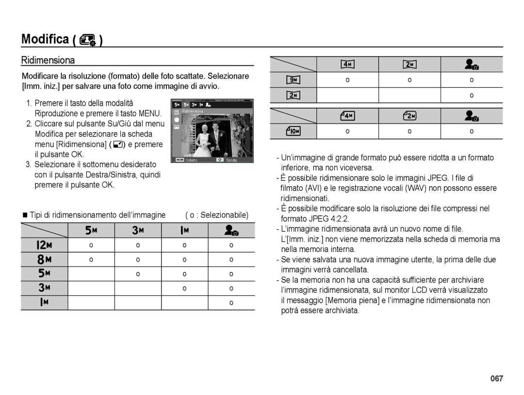 Samsung EC-ES70ZZBPUIT, EC-ES70ZZBPSIT, EC-ES70ZZBPPIT, EC-ES70ZZBPBIT, EC-ES70ZZBPRIT manual Modiﬁca, Ridimensiona 