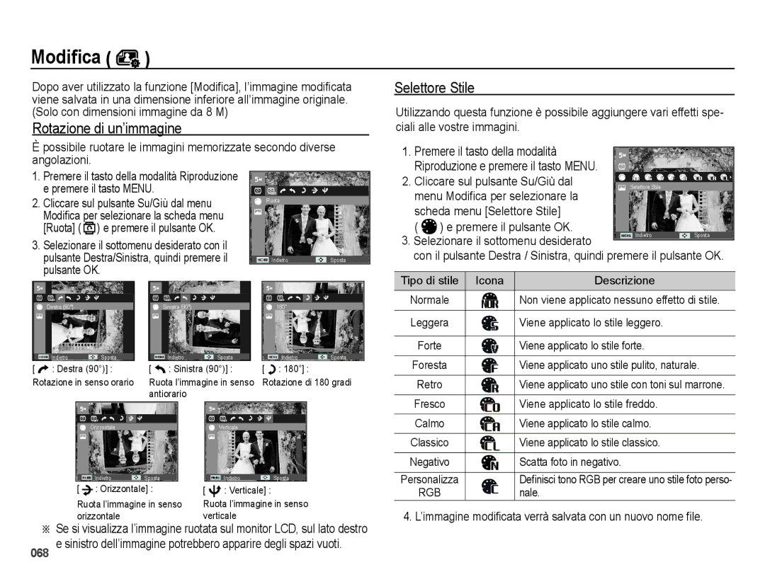 Samsung EC-ES70ZZBPRIT, EC-ES70ZZBPSIT, EC-ES70ZZBPPIT, EC-ES70ZZBPBIT Rotazione di un’immagine, Scheda menu Selettore Stile 