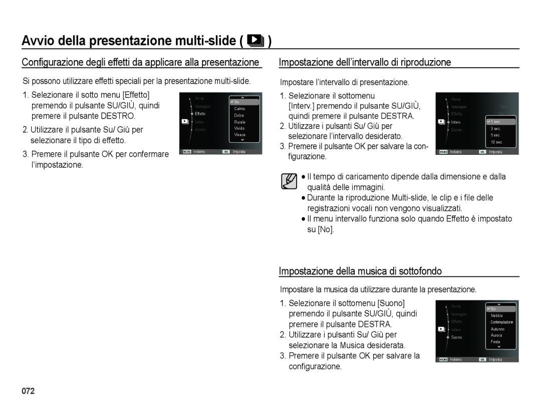 Samsung EC-ES70ZZBPUIT manual Impostazione dell’intervallo di riproduzione, Impostazione della musica di sottofondo 