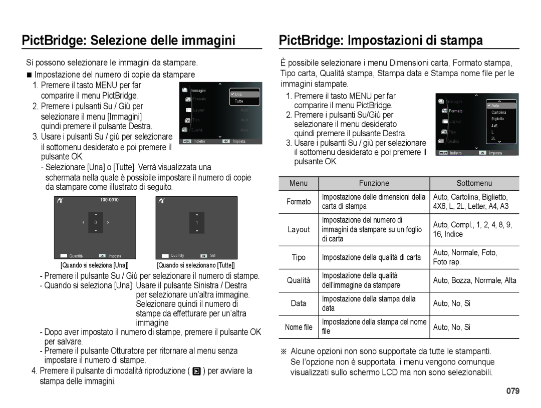 Samsung EC-ES70ZZBPSIT, EC-ES70ZZBPPIT manual PictBridge Selezione delle immagini, PictBridge Impostazioni di stampa 