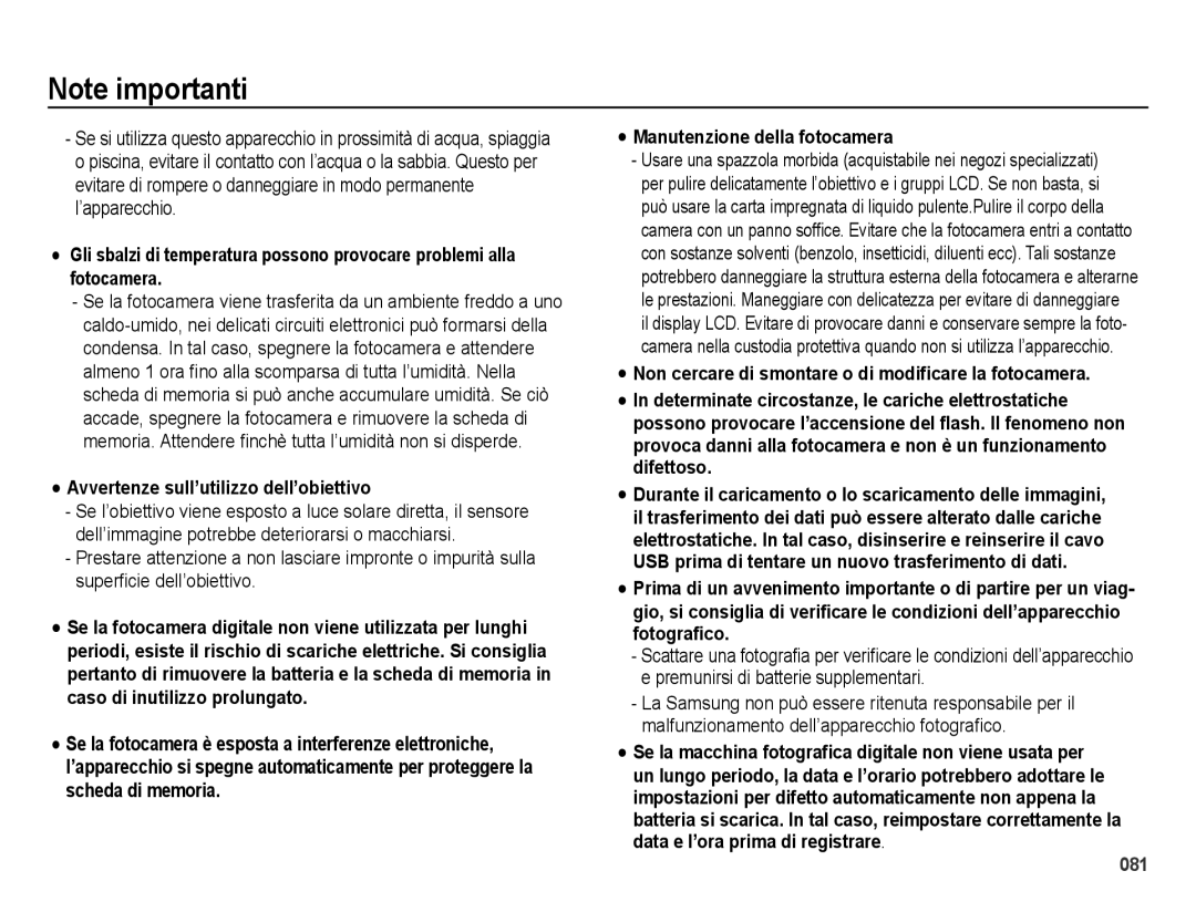 Samsung EC-ES70ZZBPBIT, EC-ES70ZZBPSIT manual Avvertenze sull’utilizzo dell’obiettivo, Manutenzione della fotocamera 