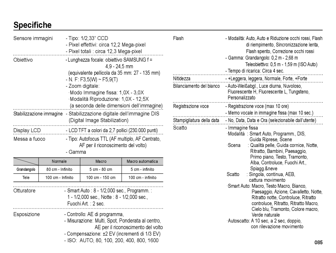 Samsung EC-ES70ZZBPPIT, EC-ES70ZZBPSIT, EC-ES70ZZBPBIT, EC-ES70ZZBPUIT, EC-ES70ZZBPRIT manual Speciﬁche 