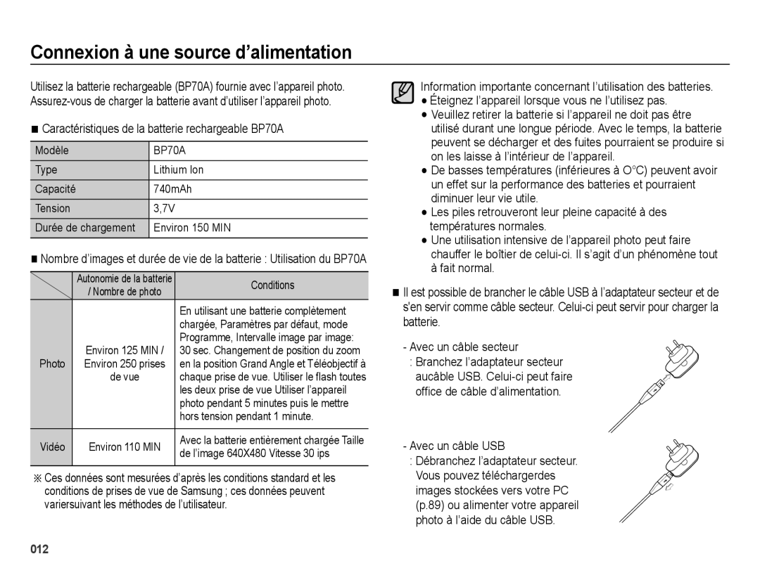 Samsung EC-ES70ZZBPUGB manual Connexion à une source d’alimentation, Caractéristiques de la batterie rechargeable BP70A 