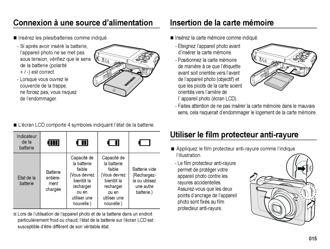 Samsung EC-ES70ZZBPBE1 Insertion de la carte mémoire, Utiliser le ﬁlm protecteur anti-rayure, ’ appareil photo écran LCD 