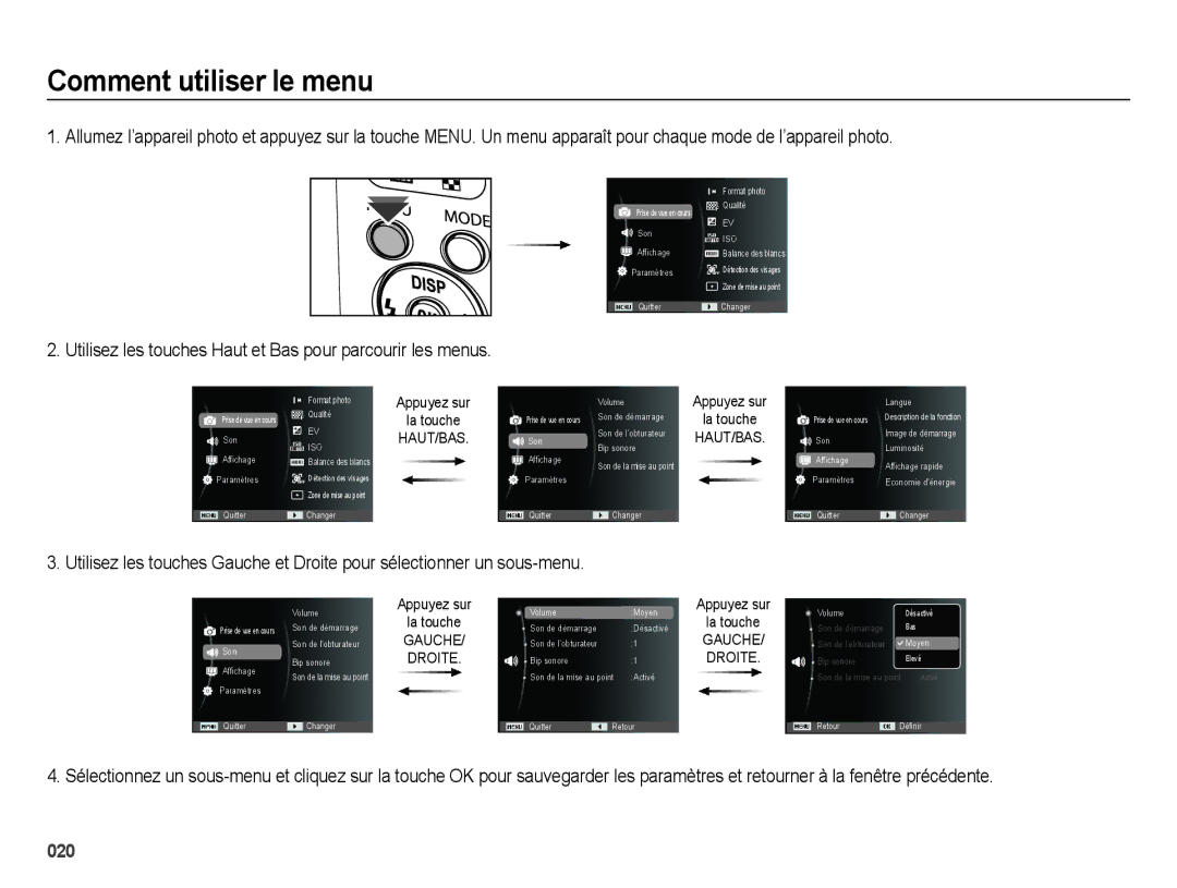 Samsung EC-ES71ZZBDSE1, EC-ES71ZZBDRE1 Comment utiliser le menu, Utilisez les touches Haut et Bas pour parcourir les menus 