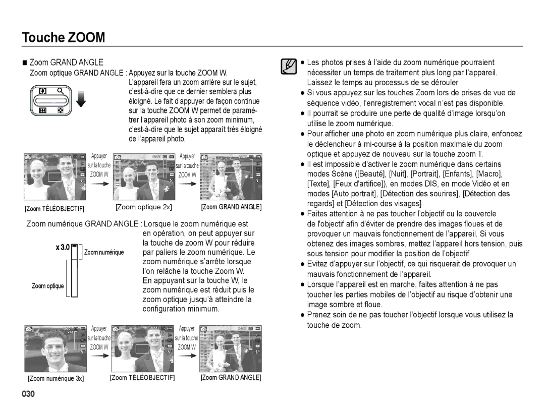 Samsung EC-ES71ZZBDBE1, EC-ES71ZZBDSE1 manual Zoom Grand Angle, Faites attention à ne pas toucher l’objectif ou le couvercle 