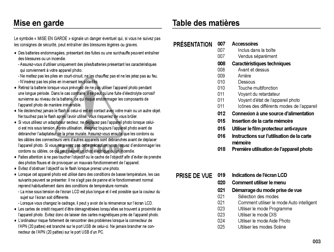 Samsung EC-ES70ZZBPRE1 manual Mise en garde, Table des matières, ’insérez pas les piles en inversant les polarités 