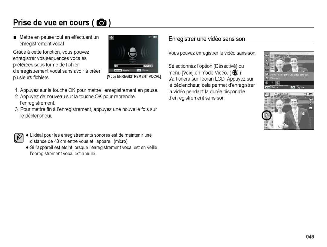 Samsung EC-ES71ZZBDRE1, EC-ES71ZZBDSE1, EC-ES70ZZBPBE1 manual Mettre en pause tout en effectuant un enregistrement vocal 