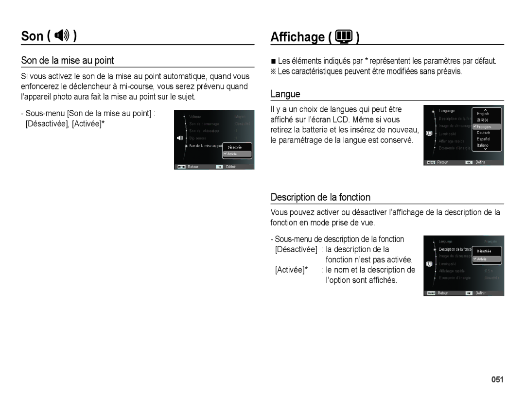 Samsung EC-ES71ZZBDBE1, EC-ES71ZZBDSE1 manual Affichage, Son de la mise au point, Langue, Description de la fonction 