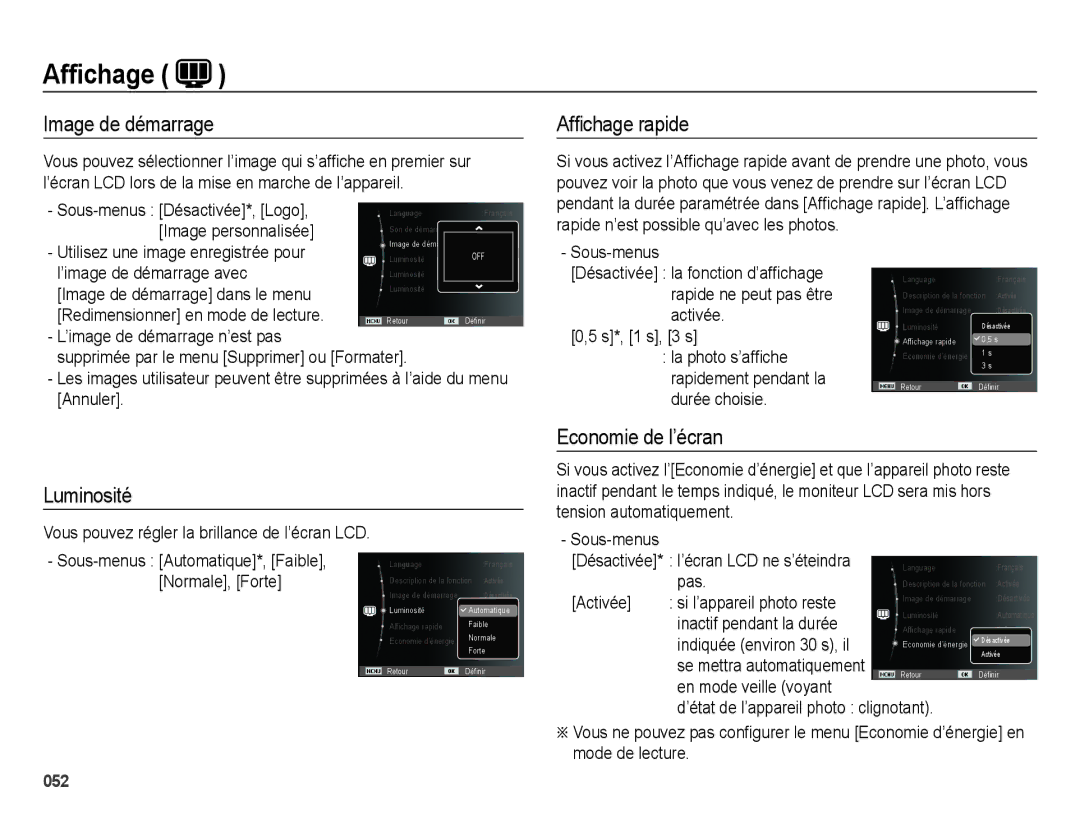 Samsung EC-ES70ZZBPRE1, EC-ES71ZZBDSE1, EC-ES71ZZBDRE1 Image de démarrage, Afﬁchage rapide, Luminosité, Economie de l’écran 