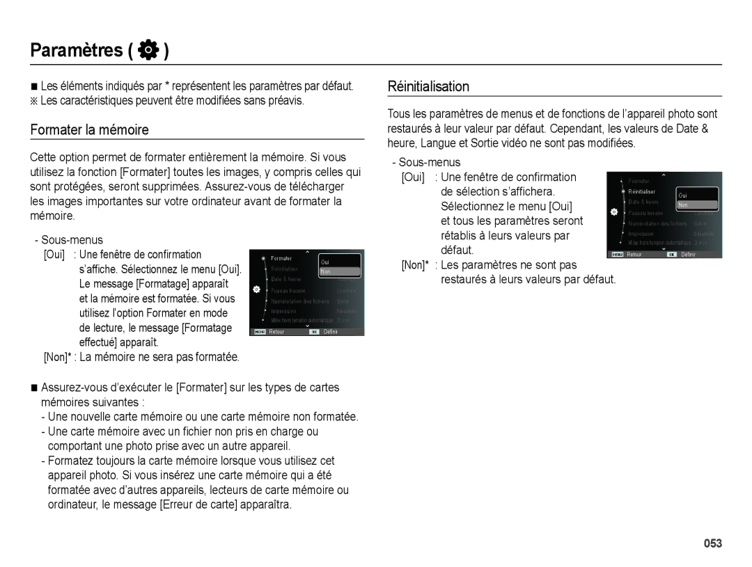 Samsung EC-ES71ZZBDPE1, EC-ES71ZZBDSE1, EC-ES71ZZBDRE1, EC-ES70ZZBPBE1 Paramètres, Formater la mémoire, Réinitialisation 