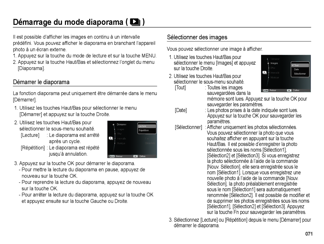 Samsung EC-ES70ZZBPBE1, EC-ES71ZZBDSE1 manual Démarrage du mode diaporama, Démarrer le diaporama, Sélectionner des images 