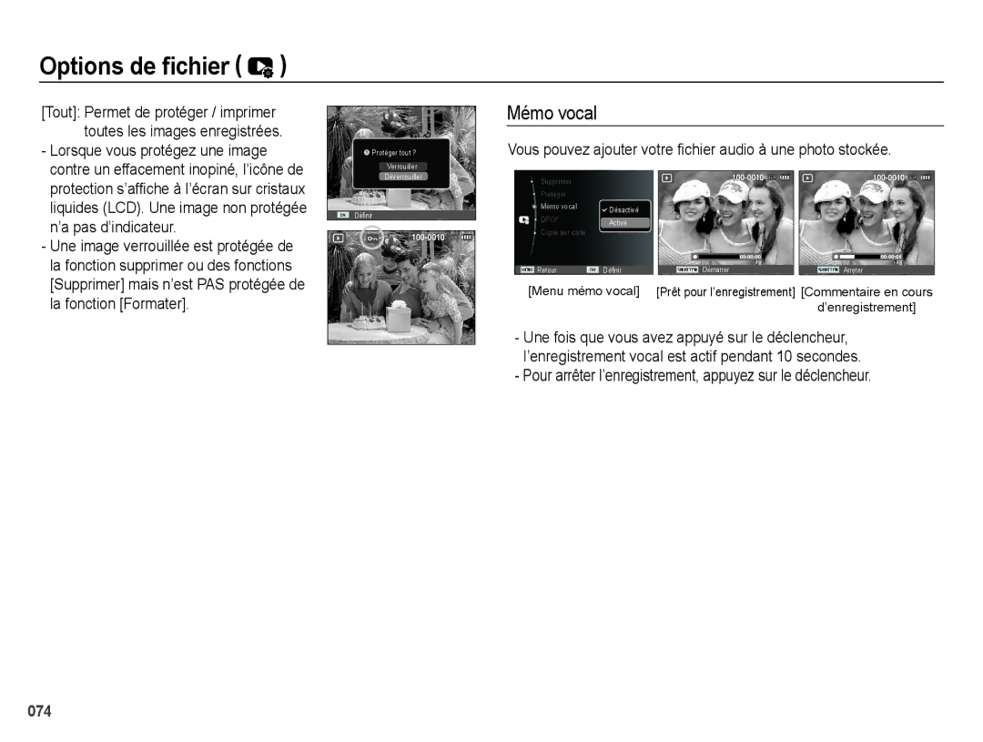 Samsung EC-ES71ZZBDPE1 manual Mémo vocal, Vous pouvez ajouter votre fichier audio à une photo stockée, ’a pas d’indicateur 