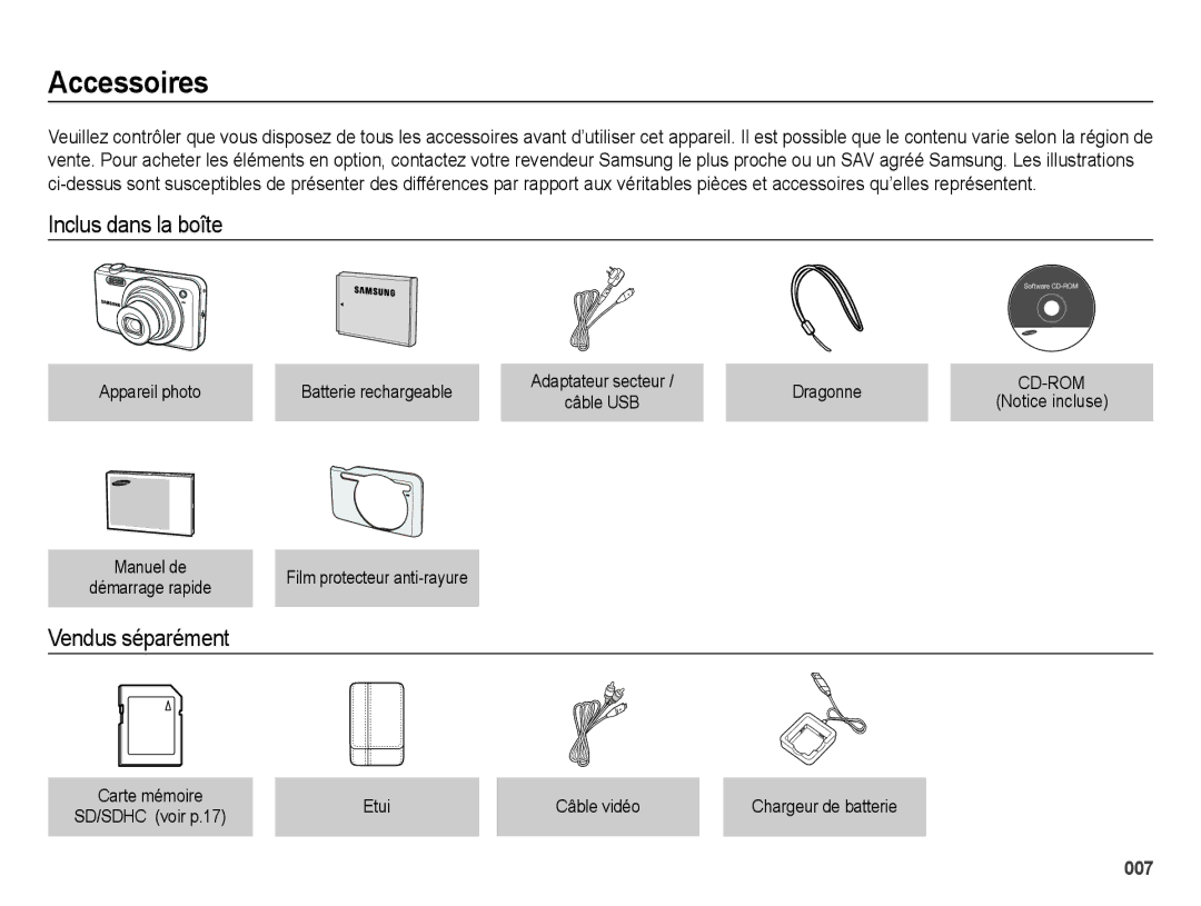 Samsung EC-ES71ZZBDRE1, EC-ES71ZZBDSE1, EC-ES70ZZBPBE1, EC-ES71ZZBDBE1 Accessoires, Inclus dans la boîte, Vendus séparément 