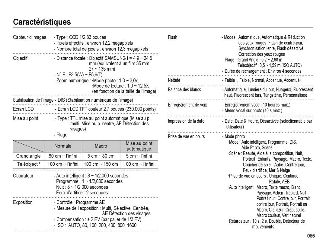 Samsung EC-ES70ZZBPBE1, EC-ES71ZZBDSE1, EC-ES71ZZBDRE1, EC-ES71ZZBDBE1, EC-ES70ZZBPRE1, EC-ES71ZZBDPE1 manual Caractéristiques 