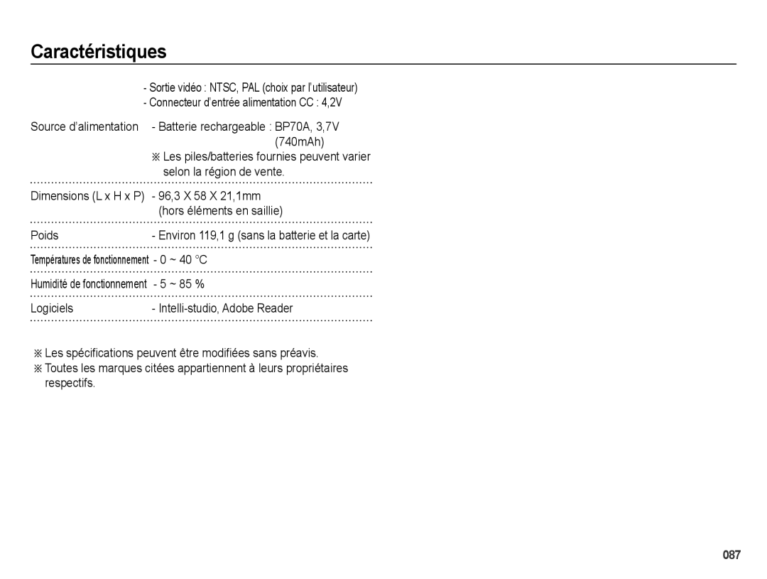 Samsung EC-ES70ZZBPRE1 manual 740mAh, Selon la région de vente, 96,3 X 58 X 21,1mm, Hors éléments en saillie, Poids, ~ 85 % 