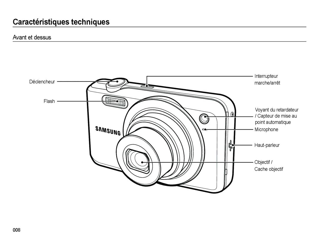 Samsung EC-ES70ZZBPBE1 manual Caractéristiques techniques, Avant et dessus, Déclencheur Flash, Interrupteur marche/arrêt 