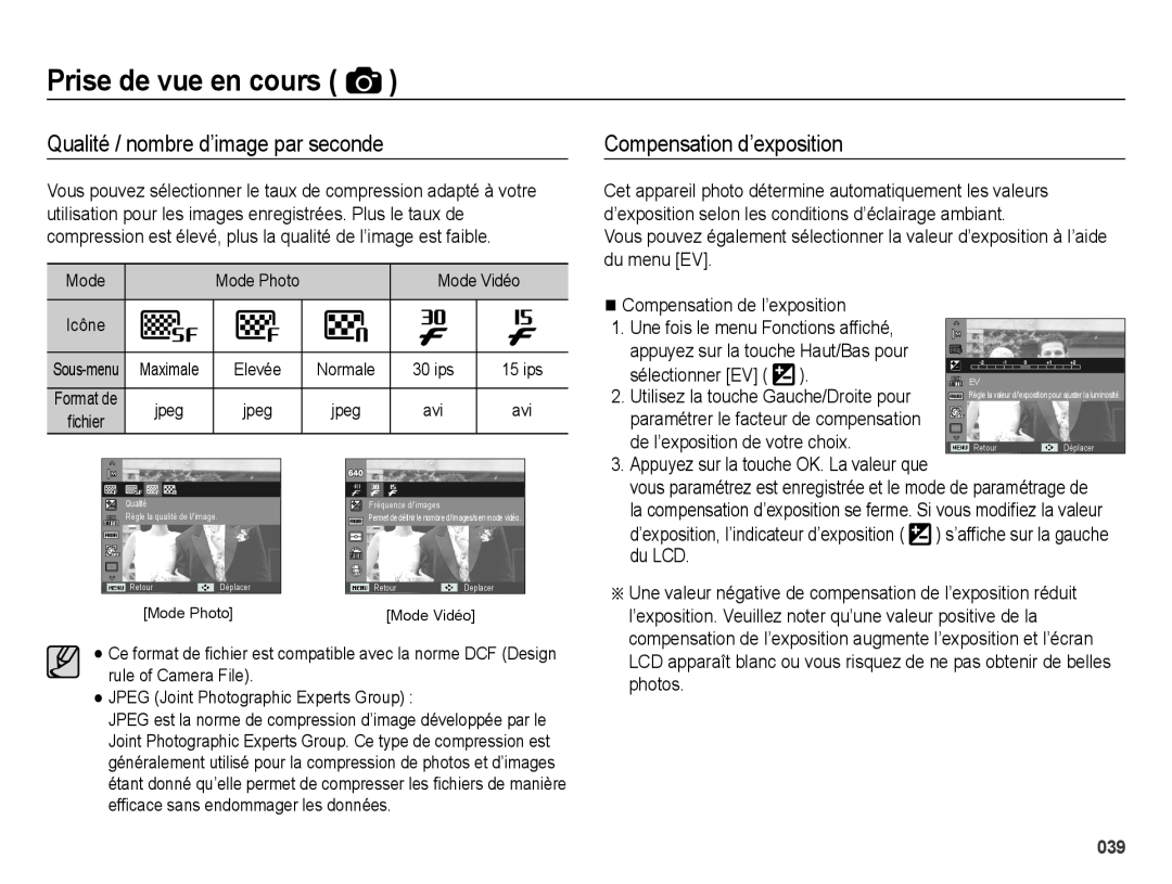 Samsung EC-ES71ZZBDPE1 Qualité / nombre d’image par seconde, Compensation d’exposition, Prise de vue en cours, photos 