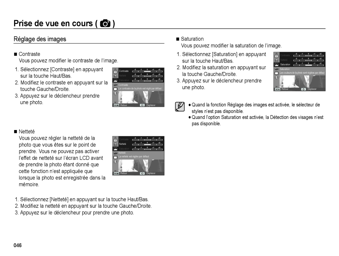 Samsung EC-ES71ZZBDPE1, EC-ES71ZZBDSE1 Réglage des images, Prise de vue en cours, Modifiez le contraste en appuyant sur la 