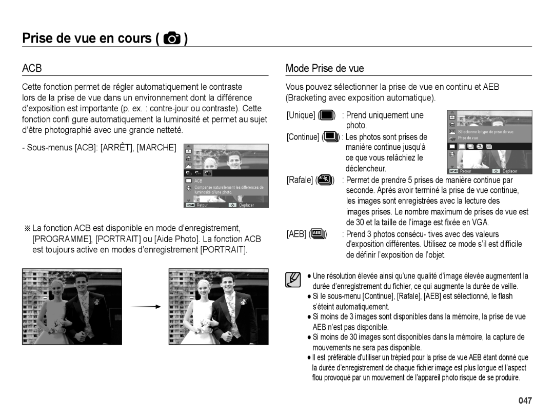 Samsung EC-ES70ZZBPUGB Mode Prise de vue, Prise de vue en cours, Sous-menus ACB ARRÊT, MARCHE, Les photos sont prises de 