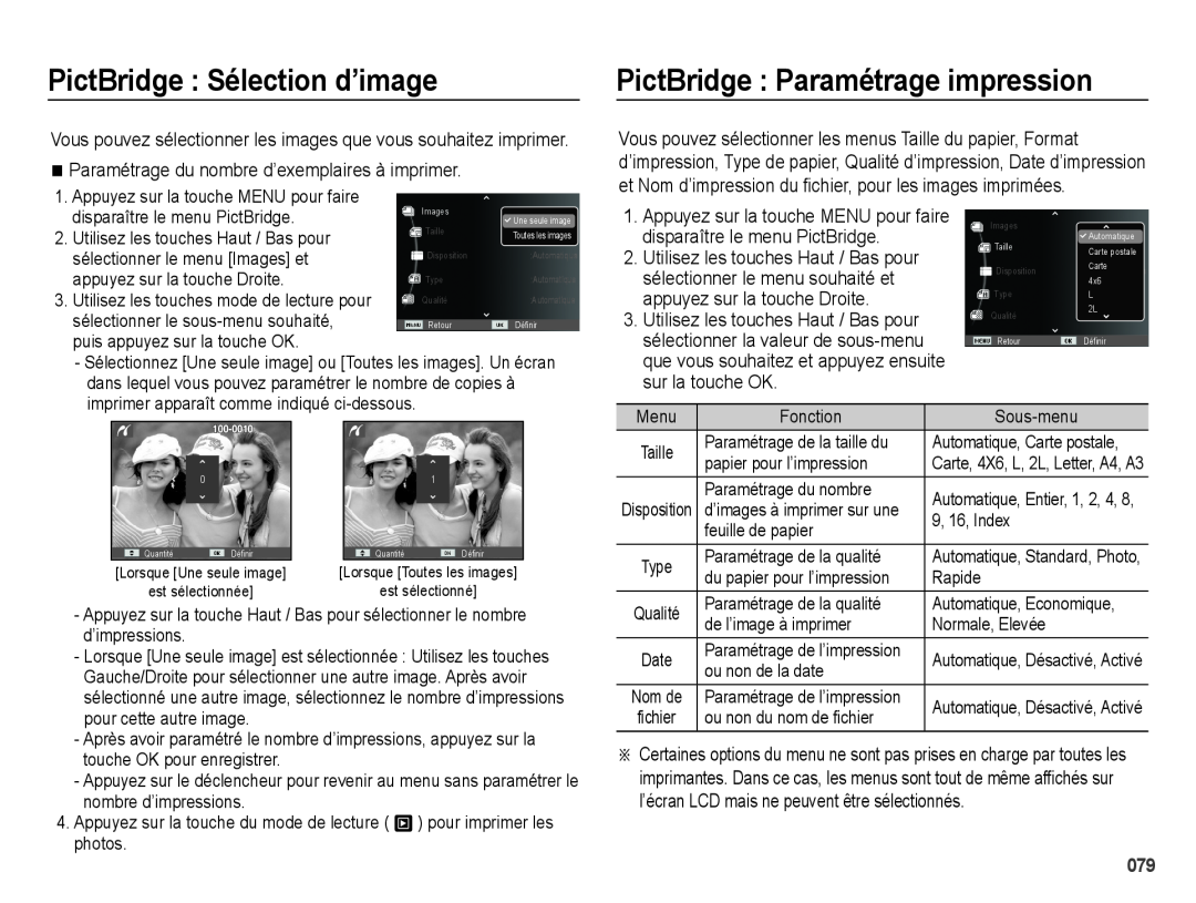 Samsung EC-ES71ZZBDBE1, EC-ES71ZZBDSE1 manual PictBridge Sélection d’image, PictBridge Paramétrage impression, fichier 