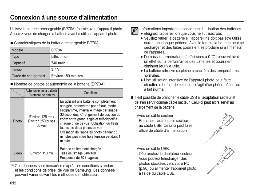 Samsung EC-ES74ZZBDBE1 manual Connexion à une source d’alimentation, Caractéristiques de la batterie rechargeable BP70A 