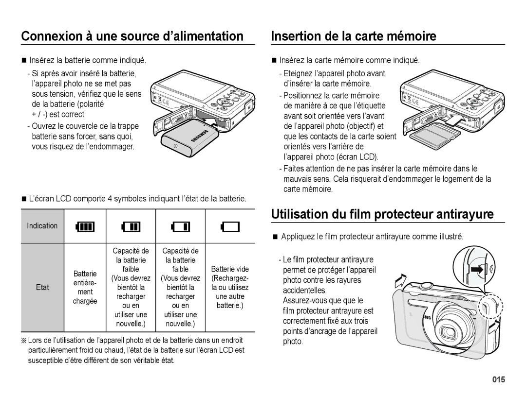 Samsung EC-ES73ZZBPBE1, EC-ES74ZZBDBE1 manual Insertion de la carte mémoire, Utilisation du ﬁlm protecteur antirayure 