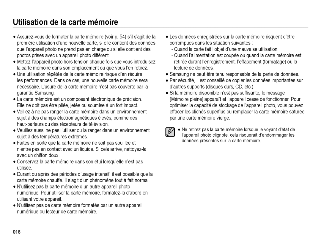 Samsung EC-ES74ZZBDBE1 manual Utilisation de la carte mémoire, Quand la carte fait l’objet d’une mauvaise utilisation 