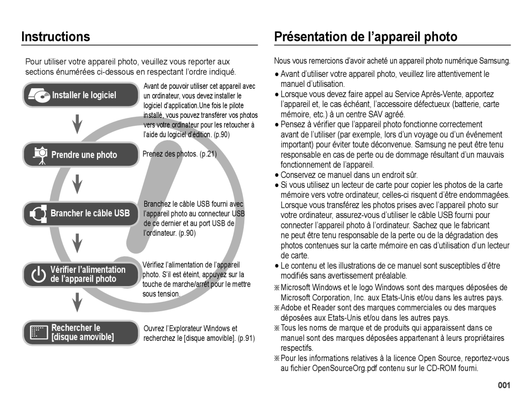 Samsung EC-ES73ZZBPBE1, EC-ES74ZZBDBE1 manual Instructions, Présentation de l’appareil photo, Prenez des photos. p.21 