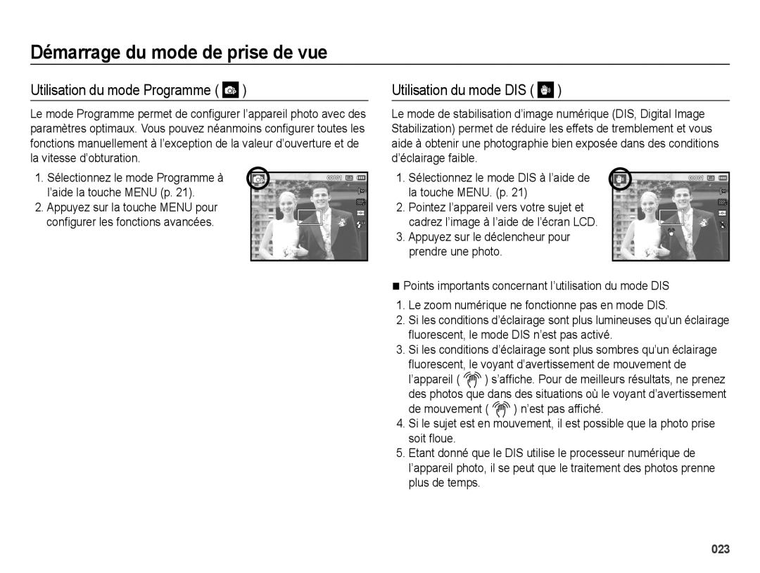 Samsung EC-ES73ZZBPBE1, EC-ES74ZZBDBE1 manual Utilisation du mode Programme, Utilisation du mode DIS 