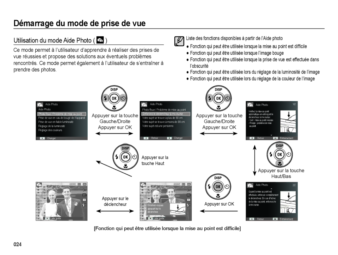 Samsung EC-ES74ZZBDBE1 Utilisation du mode Aide Photo, Appuyer sur la touche Haut/Bas, Appuyer sur le Déclencheur 