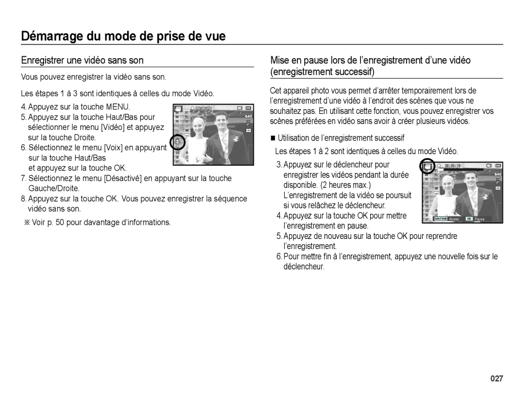 Samsung EC-ES73ZZBPBE1, EC-ES74ZZBDBE1 manual Enregistrer une vidéo sans son 