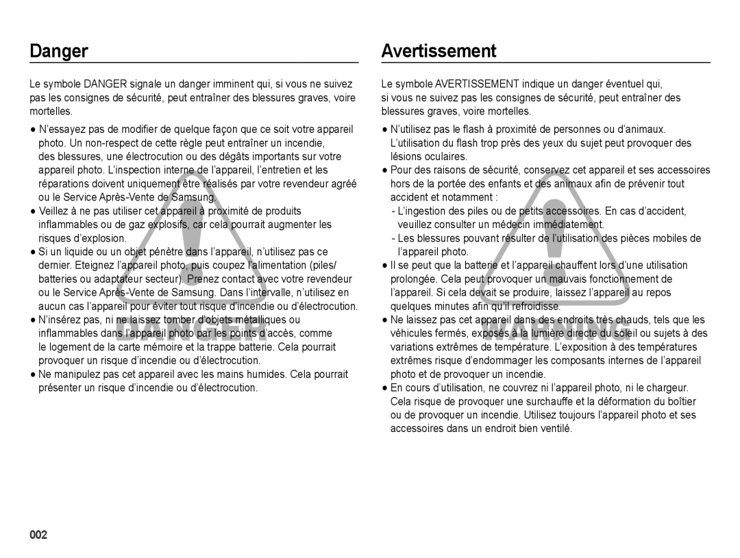 Samsung EC-ES74ZZBDBE1, EC-ES73ZZBPBE1 manual Avertissement, 002 